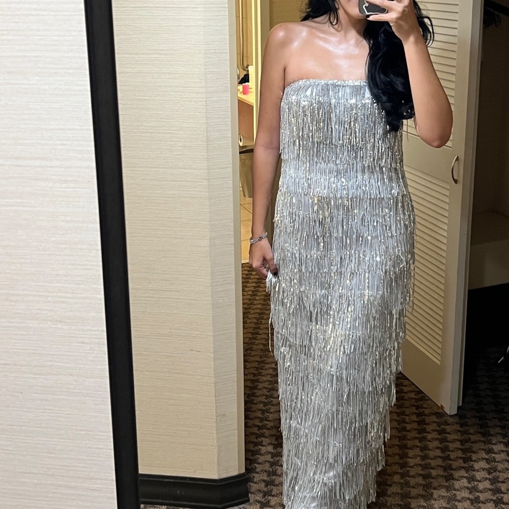 MAJORELLE Samara Dress Silver Fringe Column Maxi Gown Sz M Revolve $348